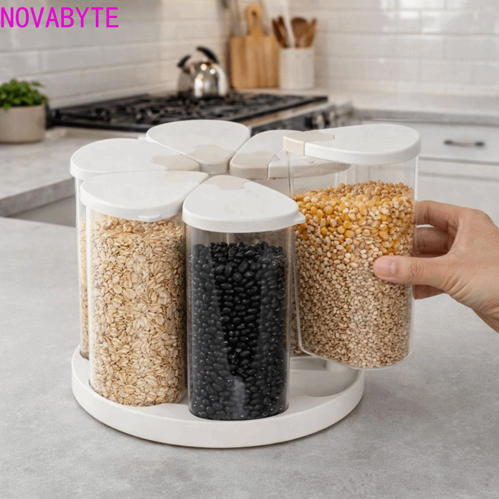 NOVABYTE 6 ชิ้น 6 กริดกล่องเก็บเมล็ดพืช,เกรดอาหารฝุ่นหมุนเครื่องจ่ายเมล็ดข้าว, Airtight Bug-Proof Moisture-Proof กล่องเก็บอาหารถนอมอาหาร