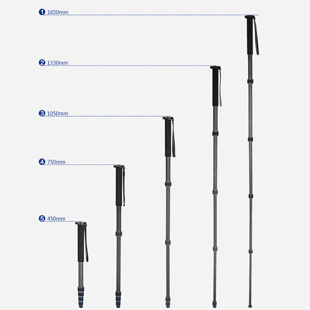 Andoer คาร์บอนไฟเบอร์ 5 ส่วน Telescopic Monopod Unipod ไม้เท้า 45 ซม.-165 ซม