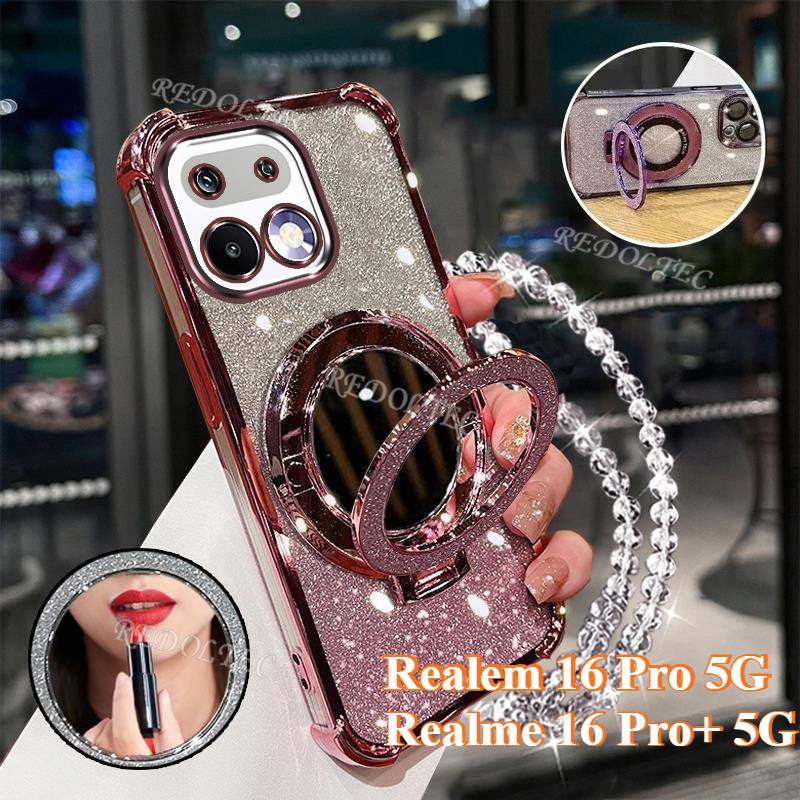 เคสRealme 16 Pro 16Pro + 5Gปลอกแวววาวไล่ระดับสีใหม่พร้อมกระจกแต่งหน้าที่วางขาตั้งแม่เหล็กRealme 16 Pro Plus 16 Pro + เลนส์ป้องกันพร้อมวงเล็บเชือกเส้นเล็กฝาครอบกันกระแทก