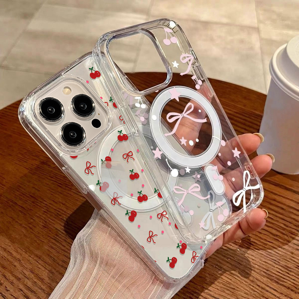 Magnetic เคส For IPhone 17 Air 11 16 Pro Max 13 15 14 12 Pro 16ProMax Bowknot เคสโทรศัพท์ฮาร์ดพีซีใสกันกระแทกแม่เหล็ก
