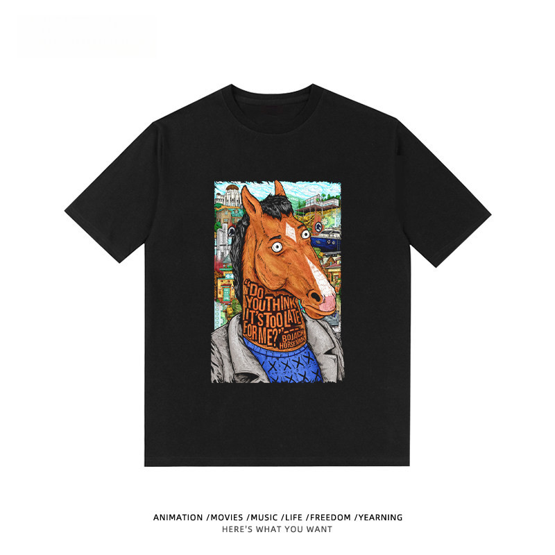 เสื้อยืดแขนสั้นสีดำ ออกแบบจากอนิเมชั่นอเมริกัน BoJack Horseman ในสไตล์คล่องตัว