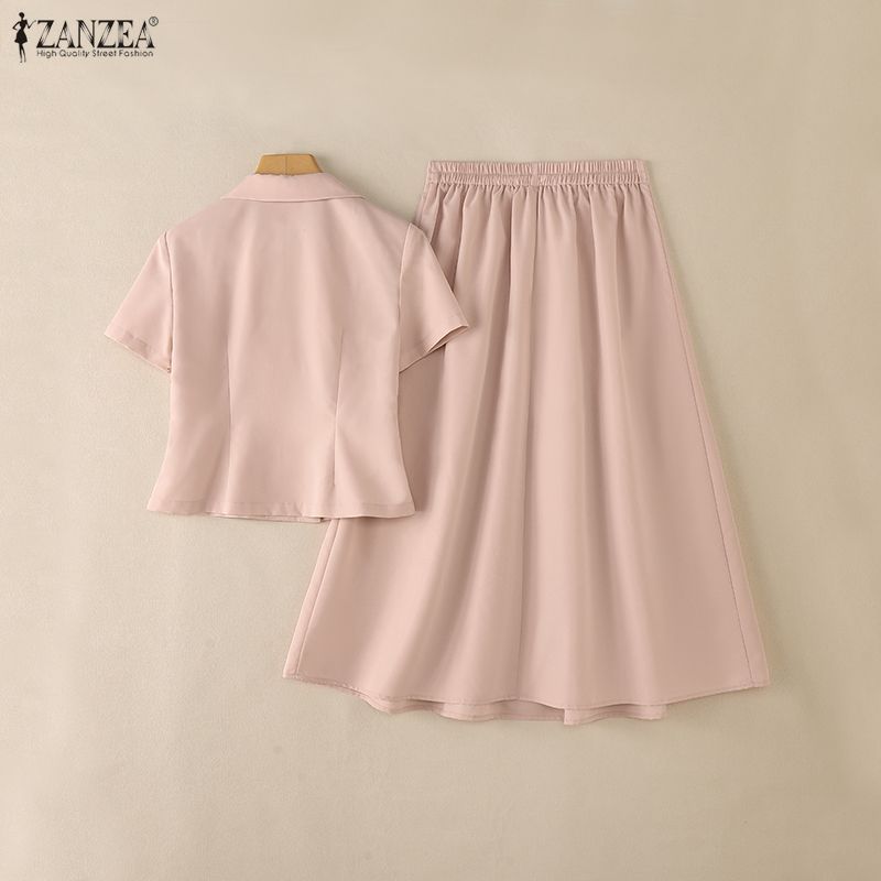 ZANZEA ชุดทำงานสำหรับผู้หญิงสไตล์เกาหลี ดีไซน์ notch lapel แขนสั้น แบบซิปเดียว pleats ทรง A-line — صورة 8