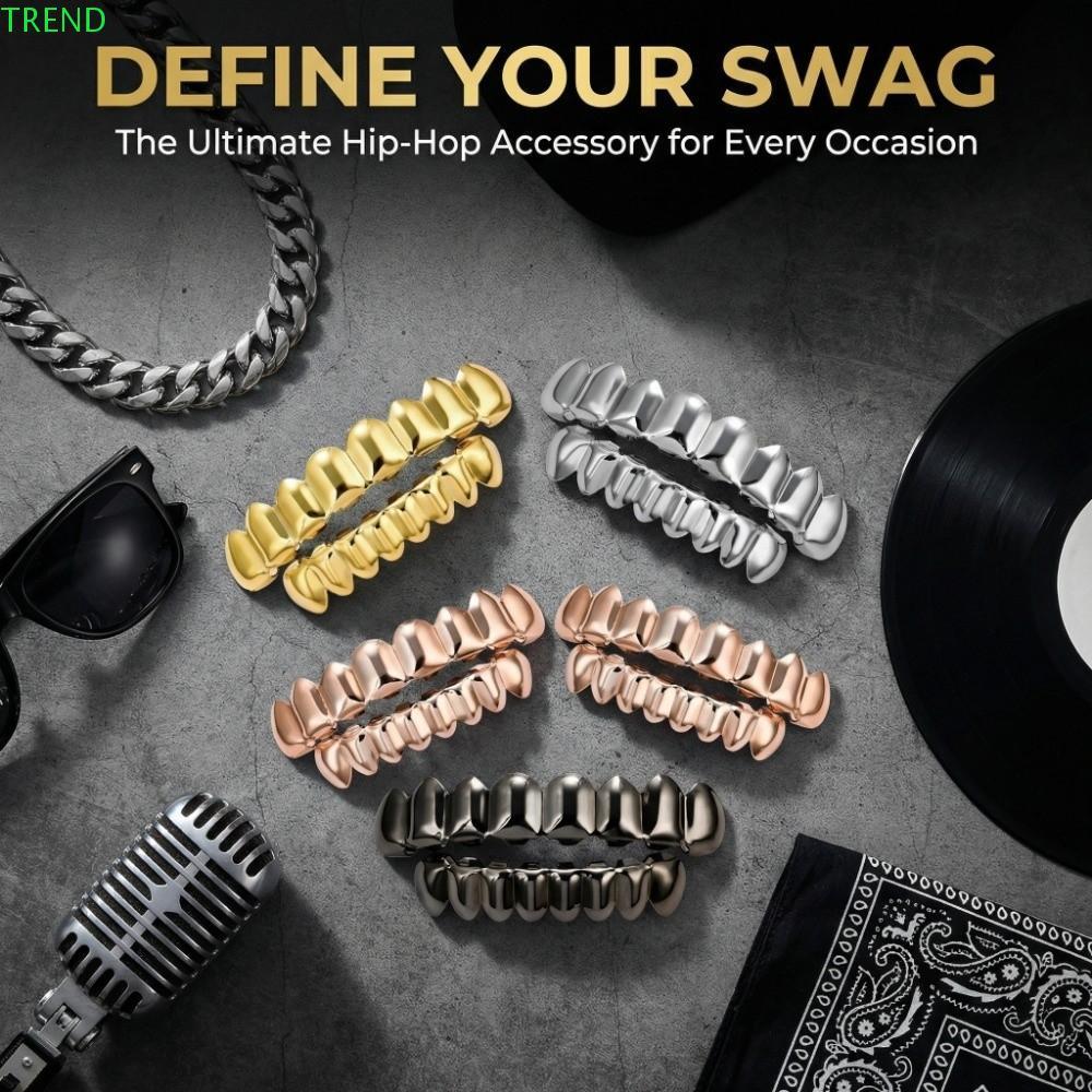 TREND Grillz ชุดด้านบนและด้านล่าง, หมวก Grillz กันลื่นเคลือบเงา, เครื่องประดับฟันทองและทองแดง
