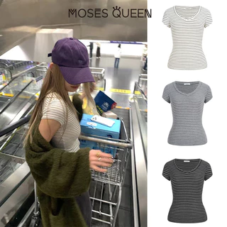 < MOSESQUEEN > เสื้อสูทแขนสั้น คอวีดลายเส้น สตริปส์ ใส่สบาย ผ่อนคลาย ระบายอากาศได้ดี เหมาะสำหรับการออกเดทในชีวิตประจำวัน #63457