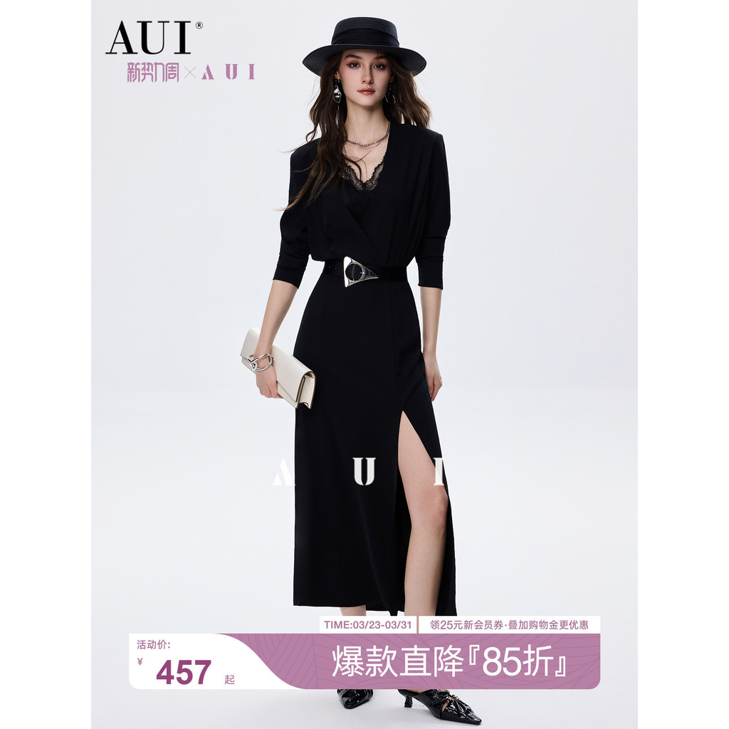 Aui สีดํา Hepburn สไตล์ V คอแขนยาวชุดผู้หญิง 2025 ฤดูใบไม้ผลิใหม่สไตล์ Classy Slim-Fit ยาว Slit สะโพ