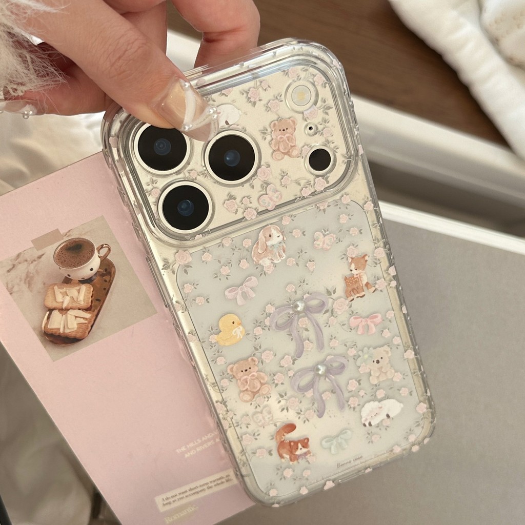 โปร่งใสขนาดเล็กดอกไม้สัตว์สามมิติมุกโบว์ป้องกันเคสโทรศัพท์วัสดุ ทีพียู เข้ากันได้กับ ไอโฟน 11, 12, 13, 14, 15, 16, 17 มือโปร สูงสุด