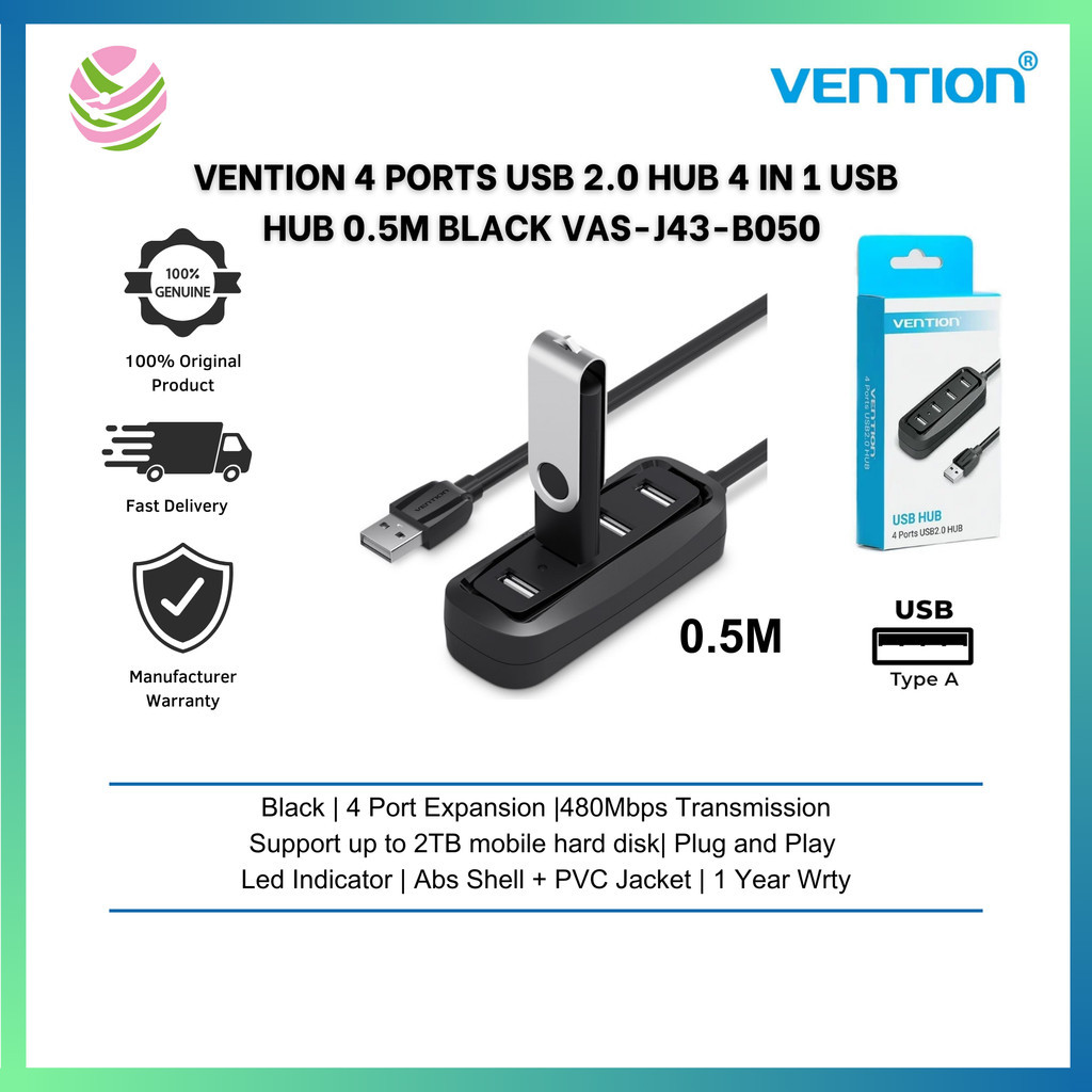 VENTION 4 พอร์ต USB 2.0 HUB 4 in 1 USB Hub 0.5M สีดํา VAS-J43-B050