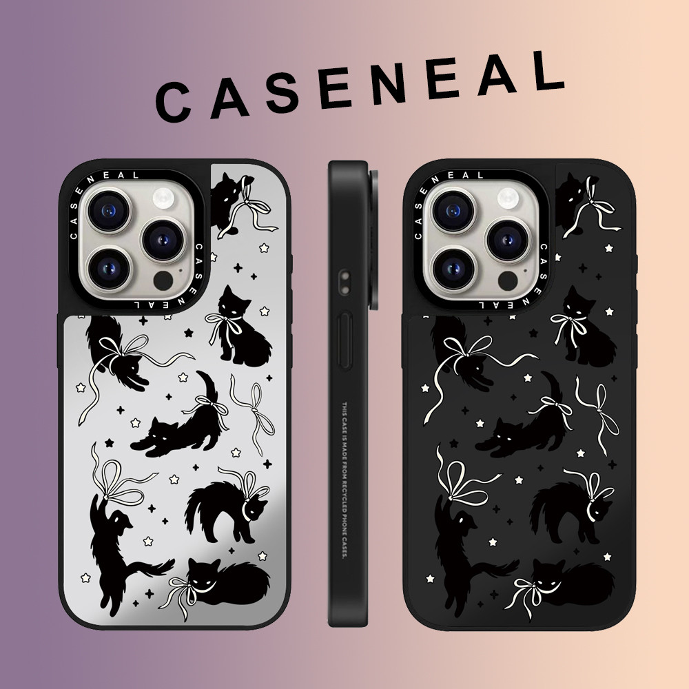 CASENEAL ริบบิ้นแมวดํากระจกหน้าอะคริลิคใสเคสโทรศัพท์สําหรับ iPhone 17 Pro Max 16 ProMax 15Pro 14 Plus 13 12 โทรศัพท์กันกระแทกขอบนุ่มฮาร์ดป้องกันกรณี