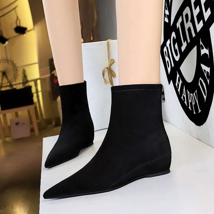 6383-2 เวอร์ชั่นเกาหลีแฟชั่น Simple Low-Heel Womens Boots Low-Heel Wedge Heel ด้านในเพิ่มความสูง Poi