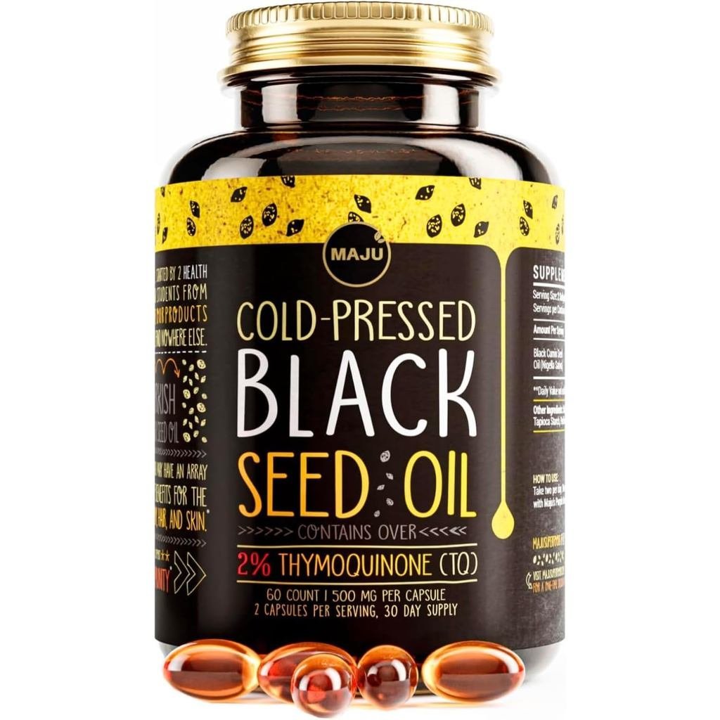 Maju Superfoods Black Seed Oil Capsules - Cold Pressed, 2% Thymoquinone, 100% ตุรกี Black Cumin Nige