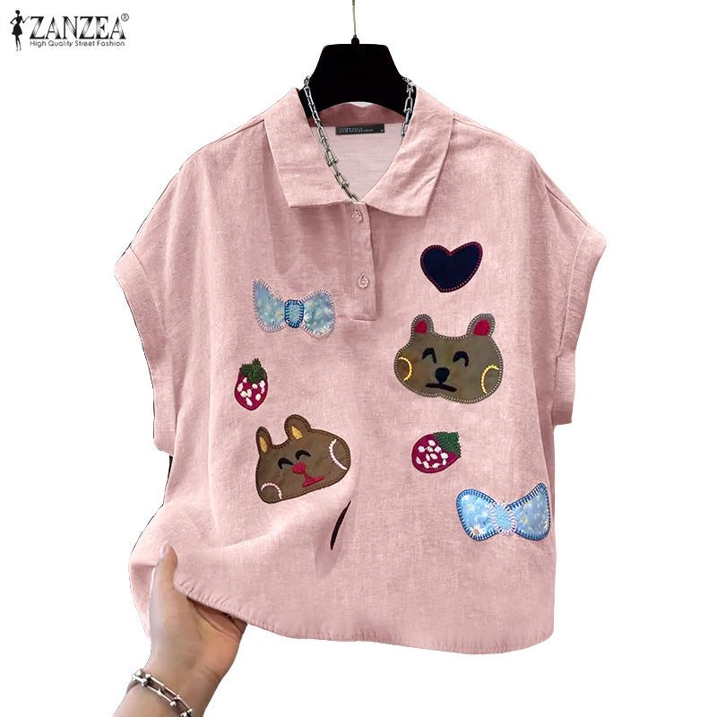 ZANZEA เสื้อเชิ๊ตผู้หญิงสไตล์เกาหลี ออกแบบลายการ์ตูน สไตล์ casual กระดุมครึ่ง สวมใส่ง่ายสำหรับทุกวัน