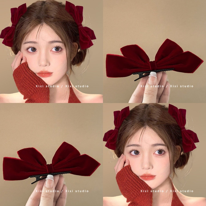 กิ๊บรัดผมโบว์สีแดงสำหรับปีใหม่ ชุด 2 หรือ 4 ชิ้น เสริมความสง่างามให้งานทำผม