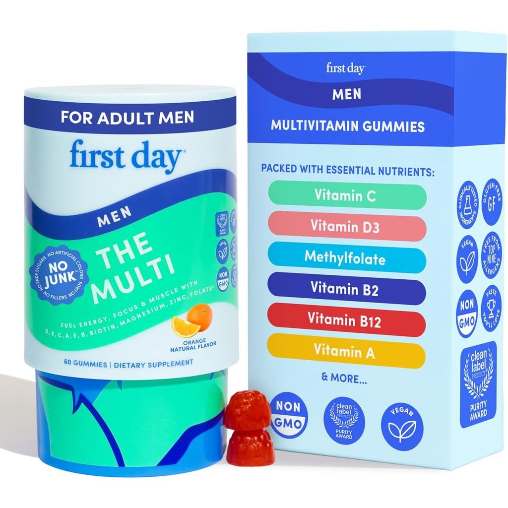 FIRST DAY Multivitamin for Men + Organic & Veggie Blend, Mens Multivitamins Gummies with 13 Key Nutr