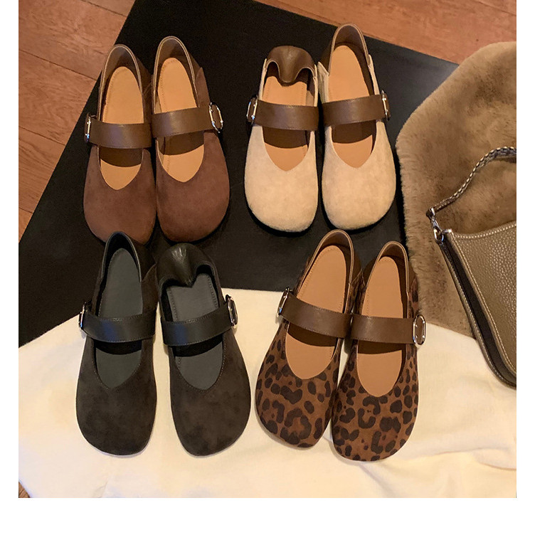 Retro Ballet Flat Shoes Two-Wearable Heel Granda Shoes Flat Strap Leopard Print All-Match Mary Jane 