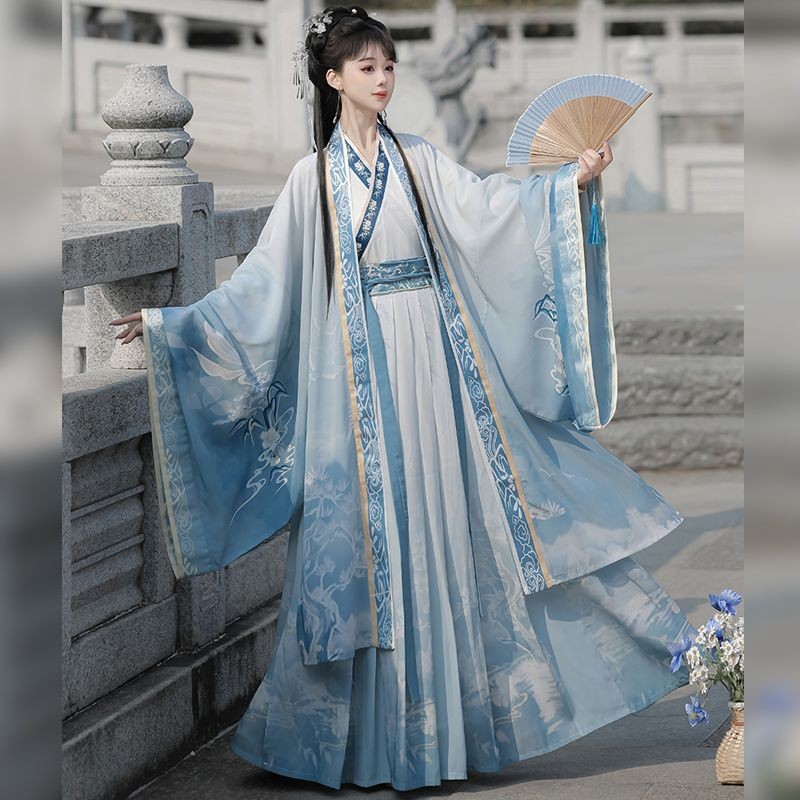 Shanghefang เดิมแท้ Hanfu หญิงผู้ใหญ่ Wei Jin Made เอวยาวกระโปรงคอปกข้าม Super Fairy สไตล์โบราณทุกวั