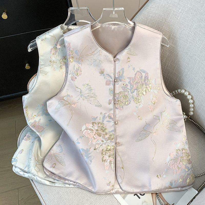 新中外อเนกประสงค์中国风盘扣小圆领提花复ถัก古金金金金金金金金金金金色短袖短袖上衣สไตล์ใหม่ภายนอก ผ้าแจ็คการ์ด ทอด้วยแห่งชาติสไตล์หัวเข