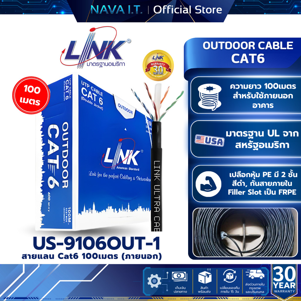 LINK US-9106OUT-1 สายภายนอก 100m. CAT6 UTP PE OUTDOOR W/CROSS FILLER DOUBLE BLACK LAN CABLE ส่งด่วนรับสินค้าใน 6 ชั่วโมง