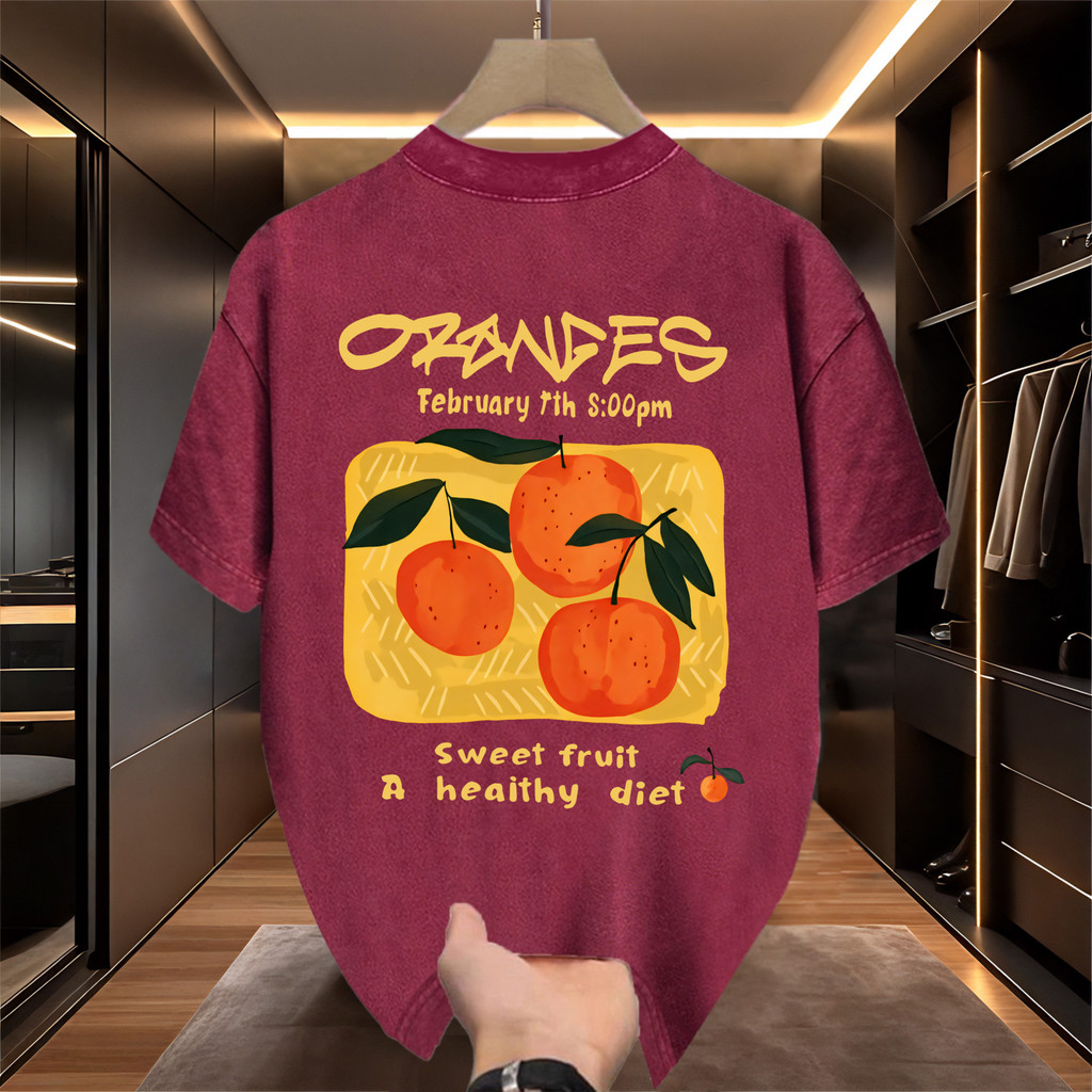 Sea.Tee [COD] เสื้อยืด เสื้อยืดฟอก oversize cotton100%  คอกลม แขนสั้น พิมพ์ลาย 'Orange' สไตล์ลำลอง ใส่สบาย - รูปที่ 2