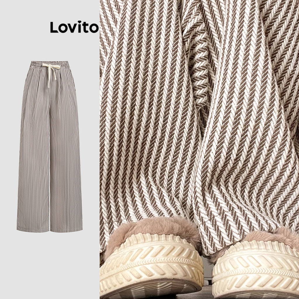 Lovito กางเกงลําลองกางเกงผูกหน้าลายทางสําหรับผู้หญิง L117AD212