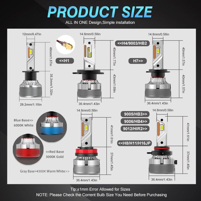 MAXGTRS 2x High Power 55W H1 H7 H4 Hi/Lo H8 H11 9005 Hb3 9006 Hb4 4300K ht Bulb Turbo Led Auto Headl