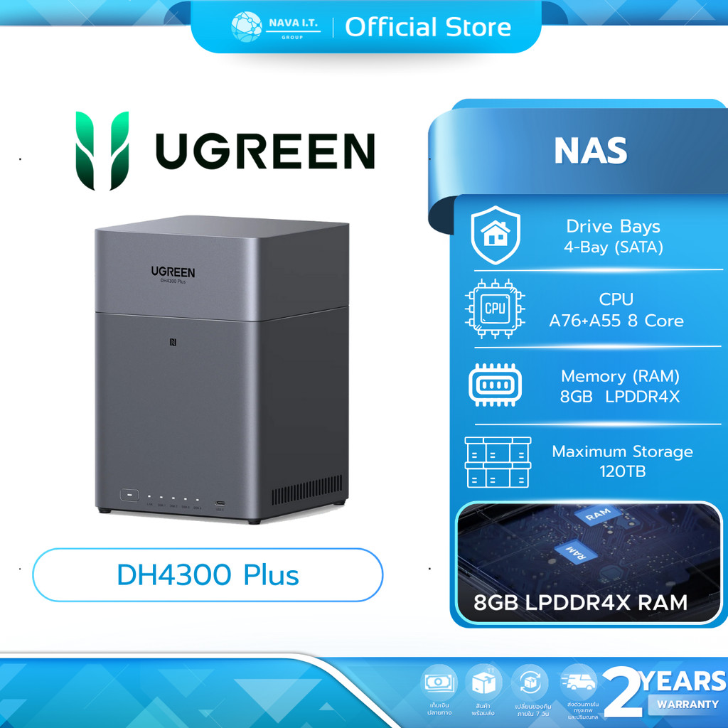 UGREEN NAS NASync DH4300 Plus4-bay, A76+A55 8 Core CPU, 8GB LPDDR4X, 2.5GbE LAN ประกันศูนย์ไทย 2 ปี