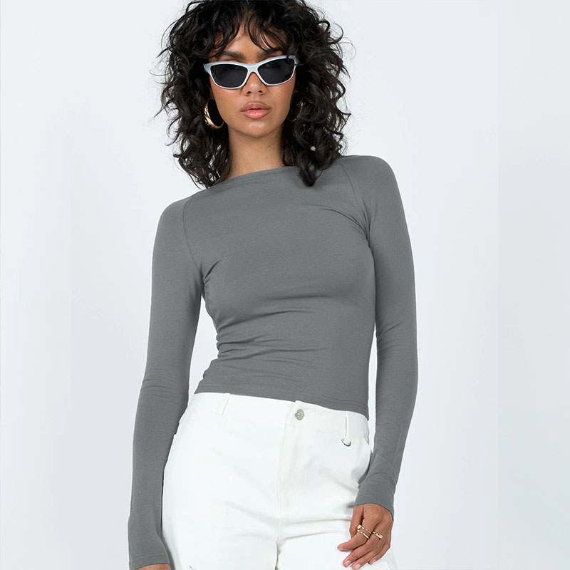 Fashion Gray Backless Long Sleeve Spring Autumn Slim Casual Shirts Pullovers Tees Y2k Clothes Street