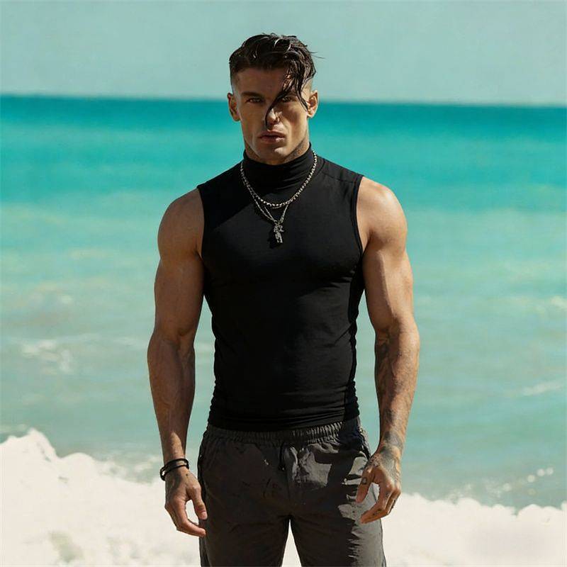 Slim Fit Men's Pure Black Turtleneck Training Sleeveless Sports Stretch Vest FTcY