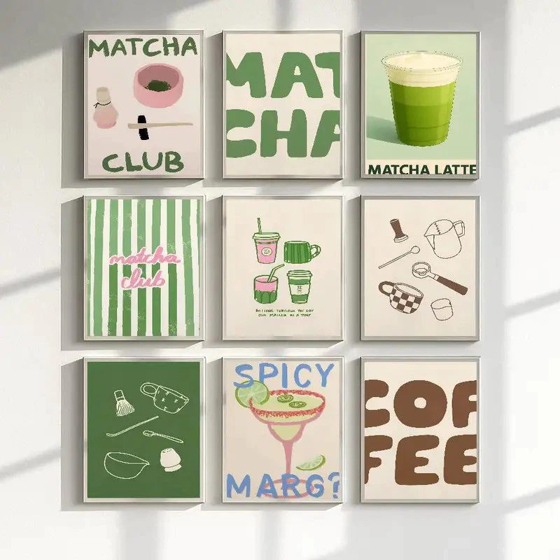 อินเทรนด์ Minimalism Cafe Matcha Latte โปสเตอร์สติกเกอร์ห้องนั่งเล่นห้องนอน Entrance Cafe Wall Art ตกแต่งภาพวาดความงาม