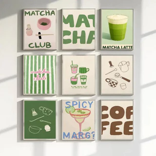 อินเทรนด์ Minimalism Cafe Matcha Latte โปสเตอร์สติกเกอร์ห้องนั่งเล่นห้องนอน Entrance Cafe Wall Art ตกแต่งภาพวาดความงาม