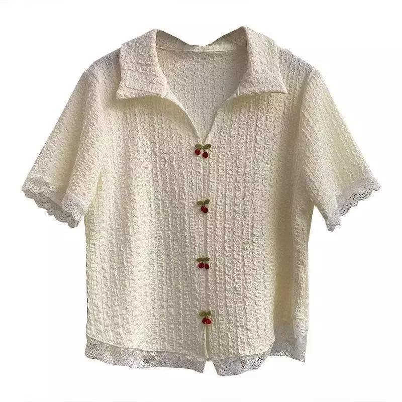Red Berry เสื้อแขนสั้นคอวีเปิดไหล่ลายดอกซากุระ ชายลูกไม้ W708 thumbnail 7