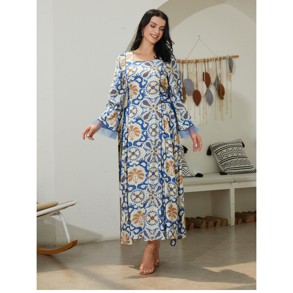 NC101 Cross-Border Retro แคบ-เอว Slimmer ดู Lace-Up Design ชุดมุสลิม