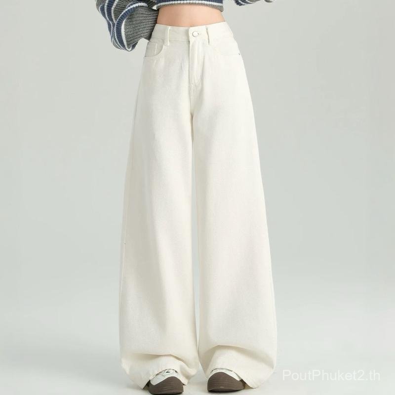 【PoutPhuket Mall】#1983 (XS-6XL) jinjeans กางเกงยีนส์ขากระบอกใหญ่ baggy jeans สีขาวครีม พร้อมส่งจากไท