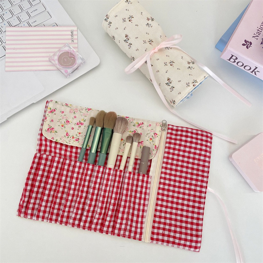 VINTAGE FLOWER MOTIF MAKEUP BRUSH BAG / TRAVEL MAKEUP BRUSH SET / PORTABLE COSMETIC MAKEUP BRUSH POU