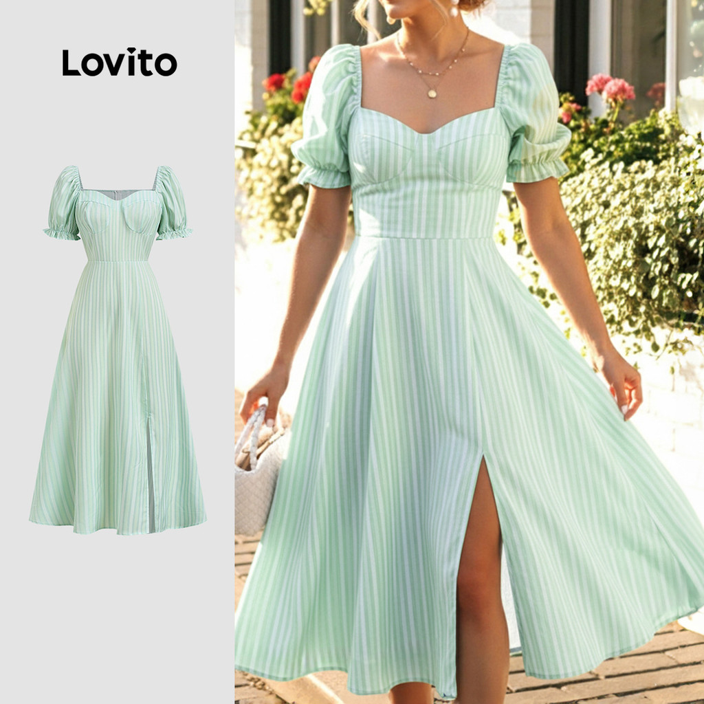 Lovito  เดรสสีเขียวสําหรับฤดูใบไม้ผลิ/ฤดูร้อน ซิปแยก สไตล์สง่างาม สําหรับผู้หญิง LBL32215