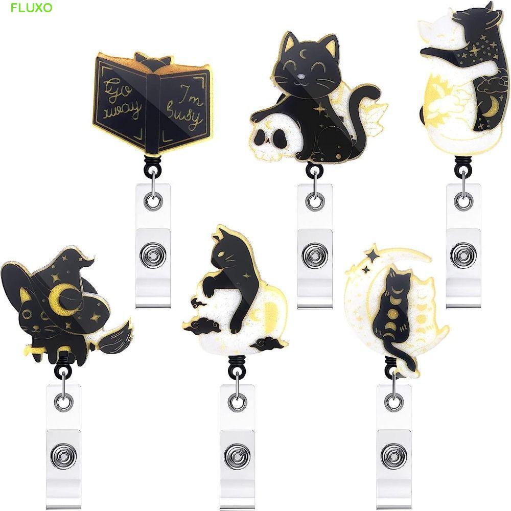 FLUXO Cat Badge Reel, สัตว์จระเข้คลิป ID Card Holder, ชื่อแท็กการ์ตูนน่ารัก 360 หมุน Retractable Badge Reel พวงกุญแจ Lanyard