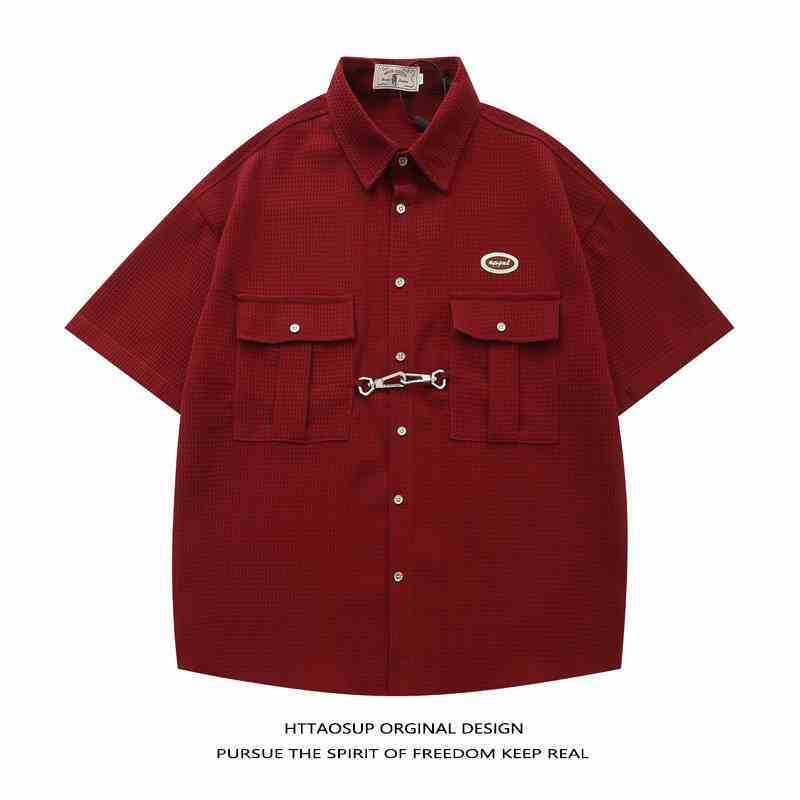 [จัดส่งภายใน 48 ชั่วโมง] American Street Wear Retro Waffle Hip-Hop เสื้อเชิ้ตแขนสั้นผู้ชายผู้หญิงฤดู