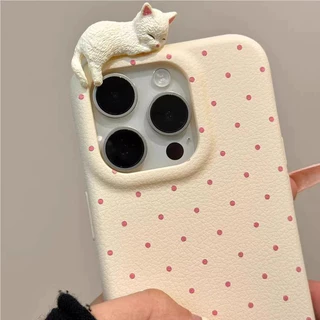 🔥สินค้าพร้อมส่ง! เคสไอโฟน 17/17 Pro/17 Pro Max 16 15 14 13 12 11 ลายจุด สีเดียว มีหลายสี อุปกรณ์เสริมแมวสามมิติ น่ารักมา