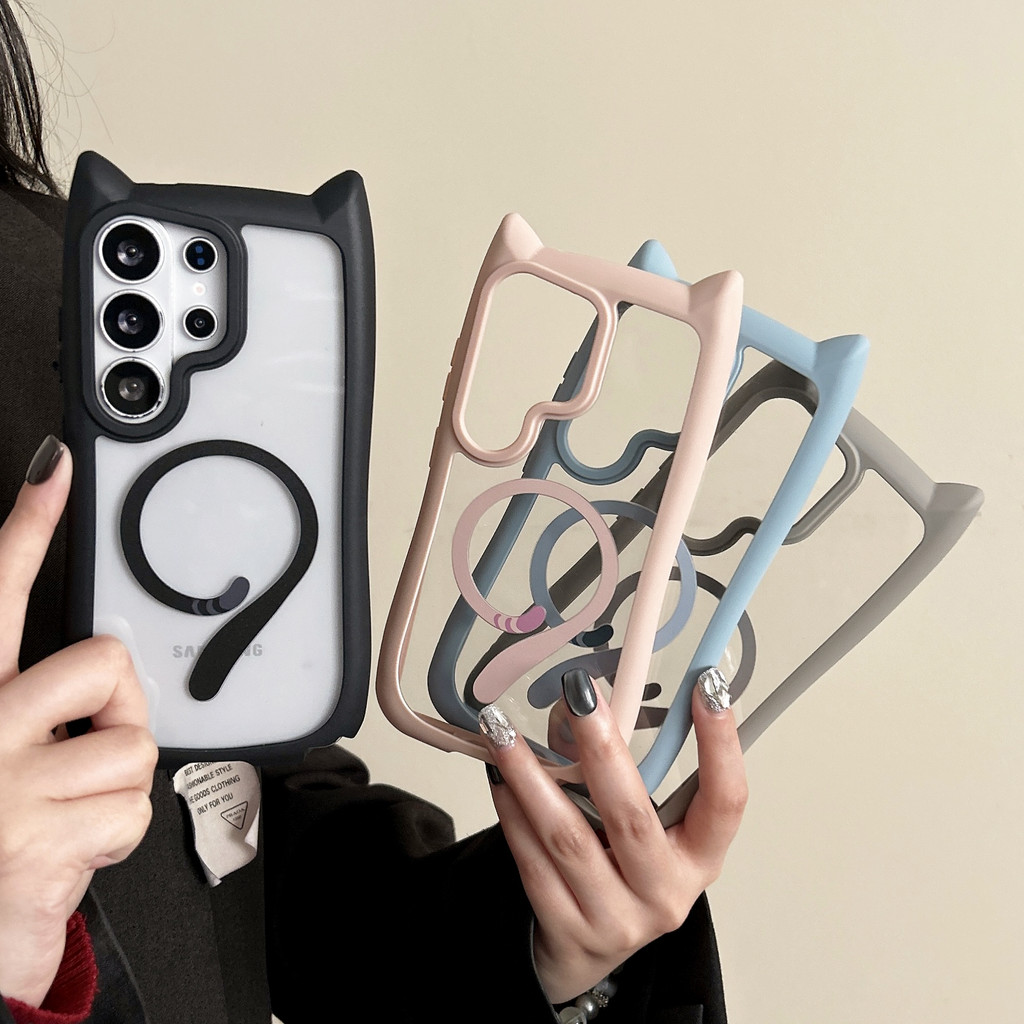 3D น่ารักการ์ตูนหูแมวชาร์จแม่เหล็กเคสโทรศัพท์สําหรับ Samsung Galaxy S26 S25 S24 S23 Ultra Plus โปร่งใสกันกระแทกปลอกอะคริลิค Hard PC ปกหลัง