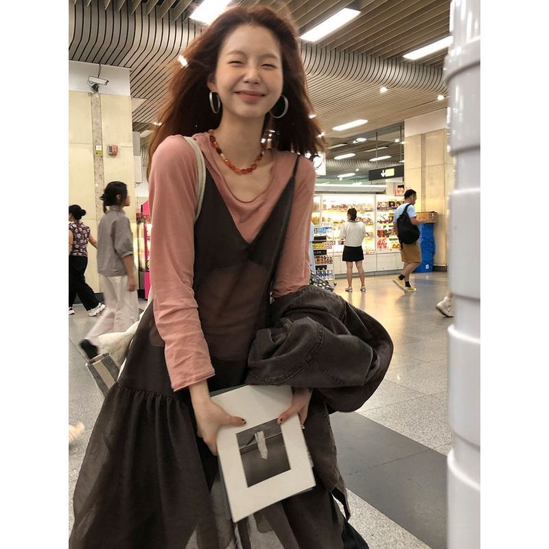 ชุดตาข่ายสไตล์เกาหลีสำหรับฤดูใบไม้ร่วง ดีไซน์สวย สลิงเสื้อได้