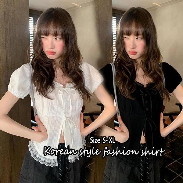 Chili#OOTD - เสื้อลูกไม้แขนสั้นผู้หญิง สไตล์หวานๆ ไอเทมแฟชั่นฤดูร้อนปี 2026 ดีไซน์ใหม่ โดดเด่นและมีสไตล์#w712