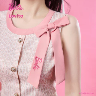 Barbie™ X Lovito เดรสลำลองสีชมพูสำหรับผู้หญิง ดีไซน์สวยหรู ปักลายหวานๆ สีสันสดใส เหมาะสำหรับฤดูใบไม้ผลิ/ฤดูร้อน เกาหลี อินเทรนด์ LB1AD033