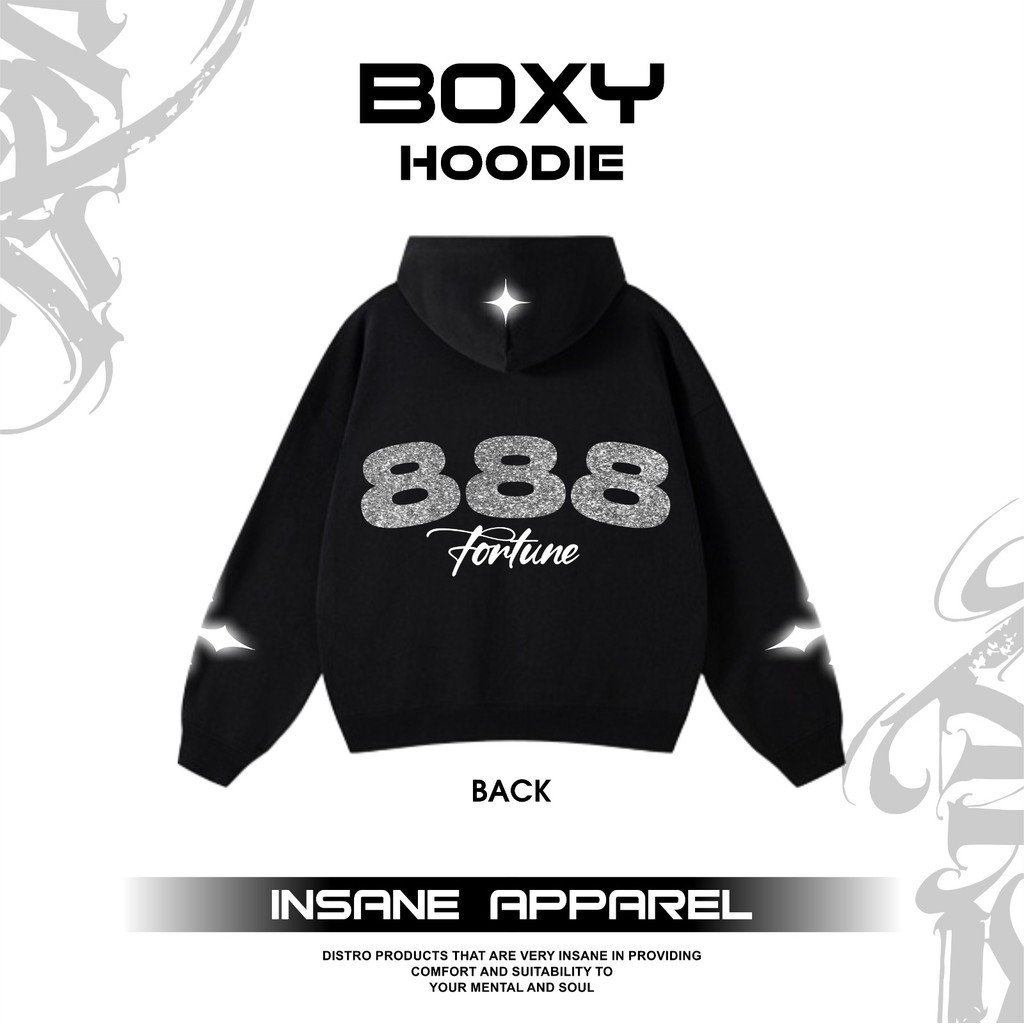 INSANE.CO ปกติ Oversize Boxy Hoodie เสื้อแจ็คเก็ตสะท้อนแสง DTF Glitter พิมพ์ออกแบบล่าสุด Fortune 888