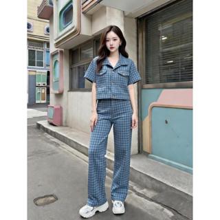 ชุดเซ็ต 2 ชิ้น เสื้อเเขนสั้น+กางเกงขายาว งานผ้ายีนส์ผ้าทอ กร…