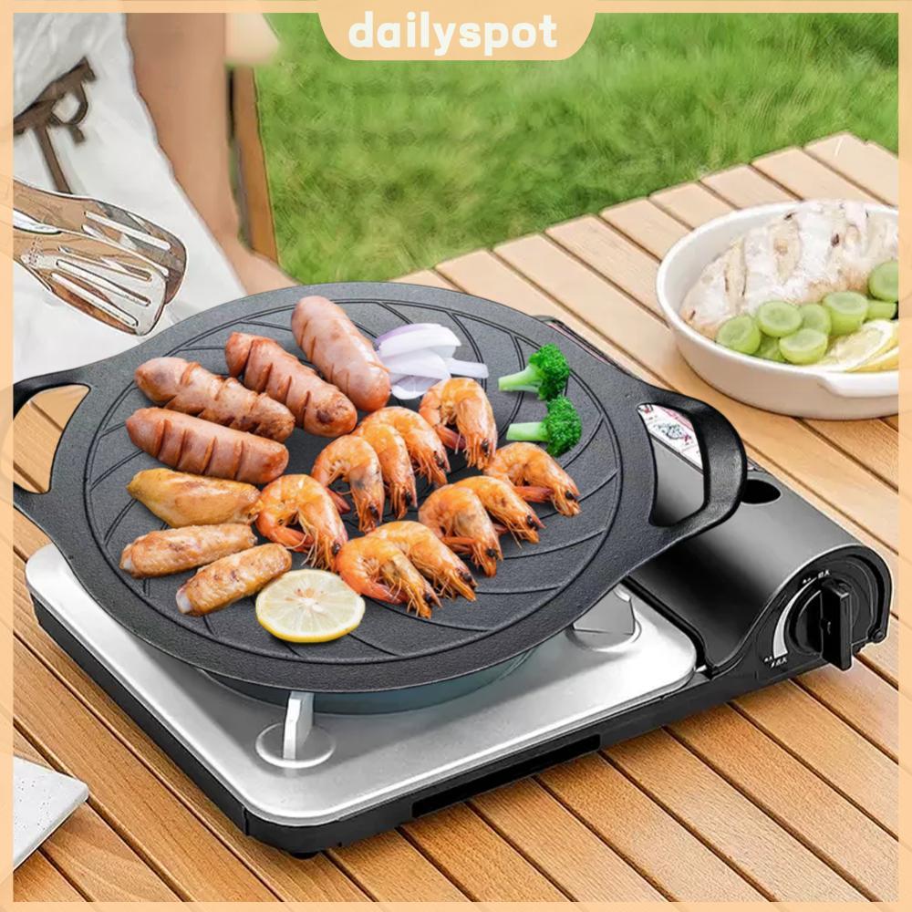 ⚡24ชม.⚡ 15 นิ้วเหล็กหล่อย่าง Skillet รอบ Griddle Nonstick BBQ Griddle ใช้งานร่วมกับสําหรับเตาแก๊สสํา