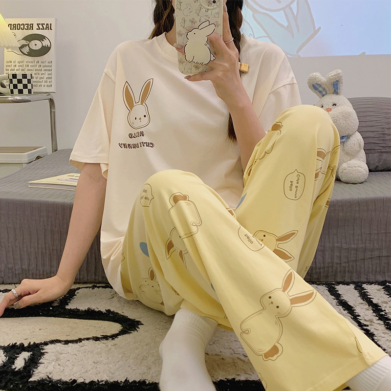 [ความงาม] 6624#纯棉睡衣女夏季纯棉短袖长裤休闲家居服套装