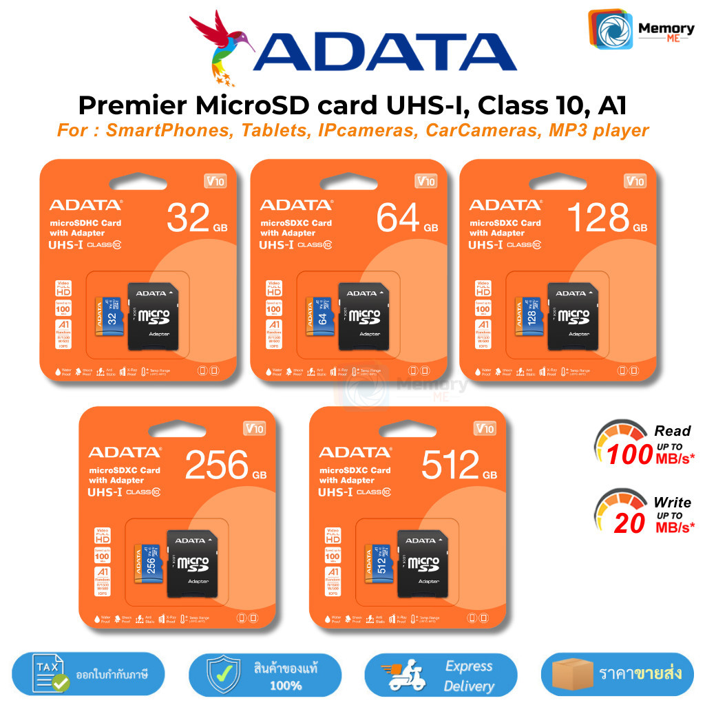 (ส่งด่วน) ADATA Premier Micro SDcard 32GB/64GB/128GB/256GB/512GB(100/20MB/s) Class10, UHS-I, V10, A1 SDcardแท้ Memory