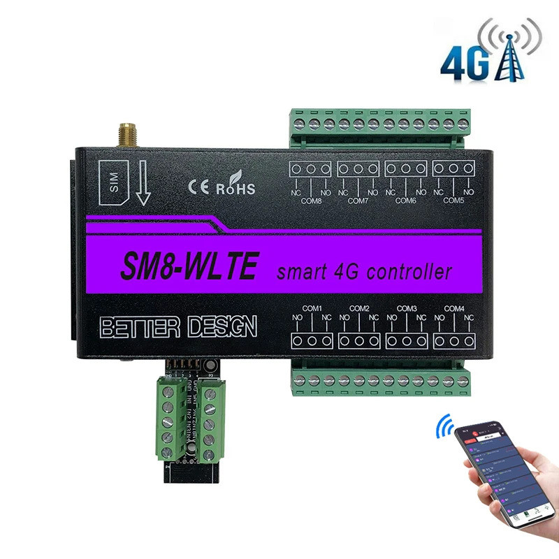 SMS GSM 4G LTE APP Web รีโมทคอนโทรล 8 ช่องรีเลย์เอาต์พุตอินพุต SM8-WLTE อุณหภูมิความชื้น Power Failu