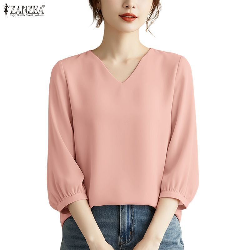 ZANZEA ผู้หญิงเกาหลี Minimalist Elegant V คอ 3/4 แขนโคมไฟสีทึบ Baggy Blouse