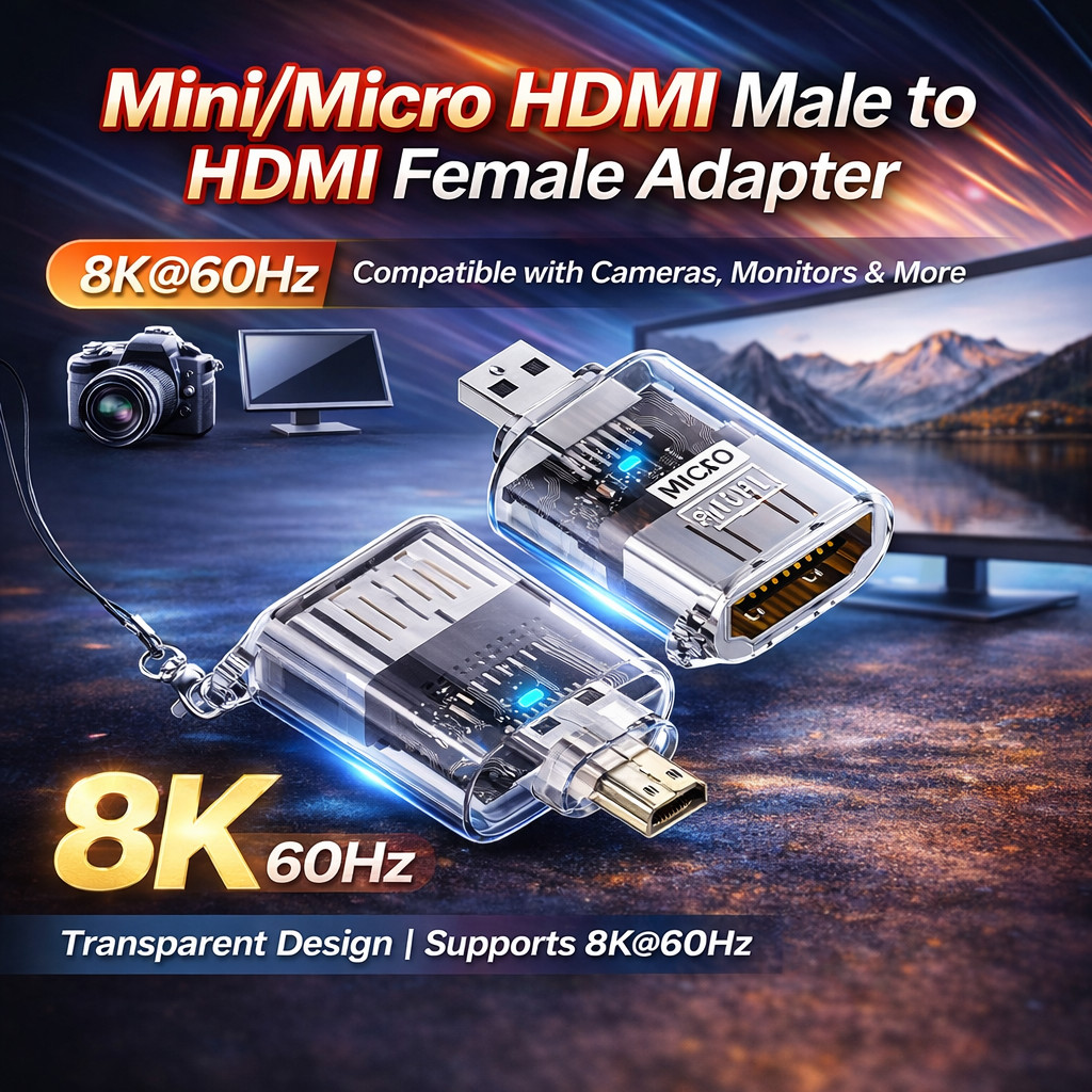 8K@60Hz Mini HDMI Male to HDMI Female Adapter, ตัวแปลง Micro HDMI to HDMI ความเร็วสูง 48Gbps, เปลือก