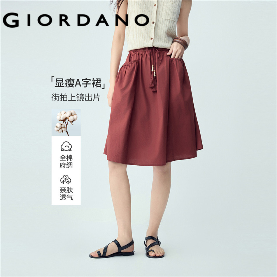 GIORDANO WOMEN 100% Cotton beaded drawstring midi skirt 05466084